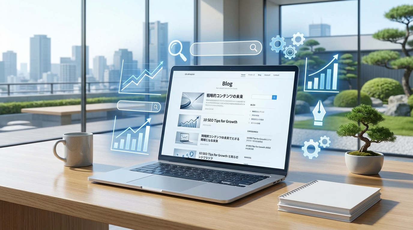 AIとSEOの力でブログ記事を最適化するイメージ - ノートパソコンの画面にアナリティクスダッシュボードとAI・SEO・ライティングのアイコンが表示されている