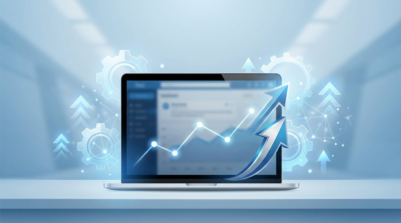 ブログ記事作成代行|御社専用のブログ記事を作成します ブログ記事による集客成功のイメージ - ビジネスパーソンがノートパソコンでWebトラフィックの成長グラフを確認している