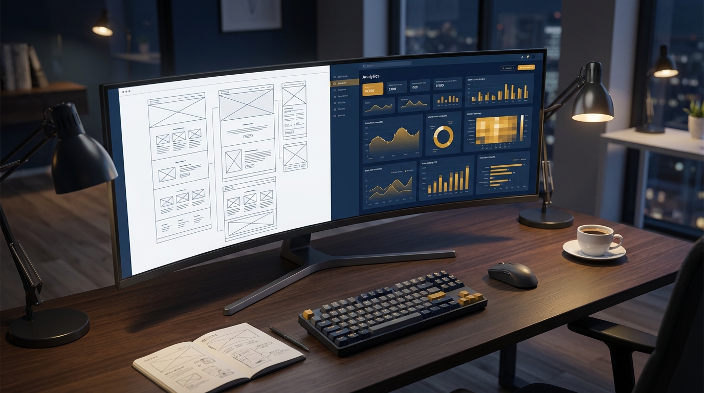 AIによる市場分析データに基づきホームページを戦略的に設計するプロフェッショナルな作業環境