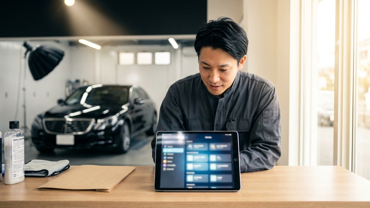 車関連業界専用 Car-CRM をタブレットで操作する日本人技師 - コーティング・板金・中古車・カスタム店向け統合管理システム