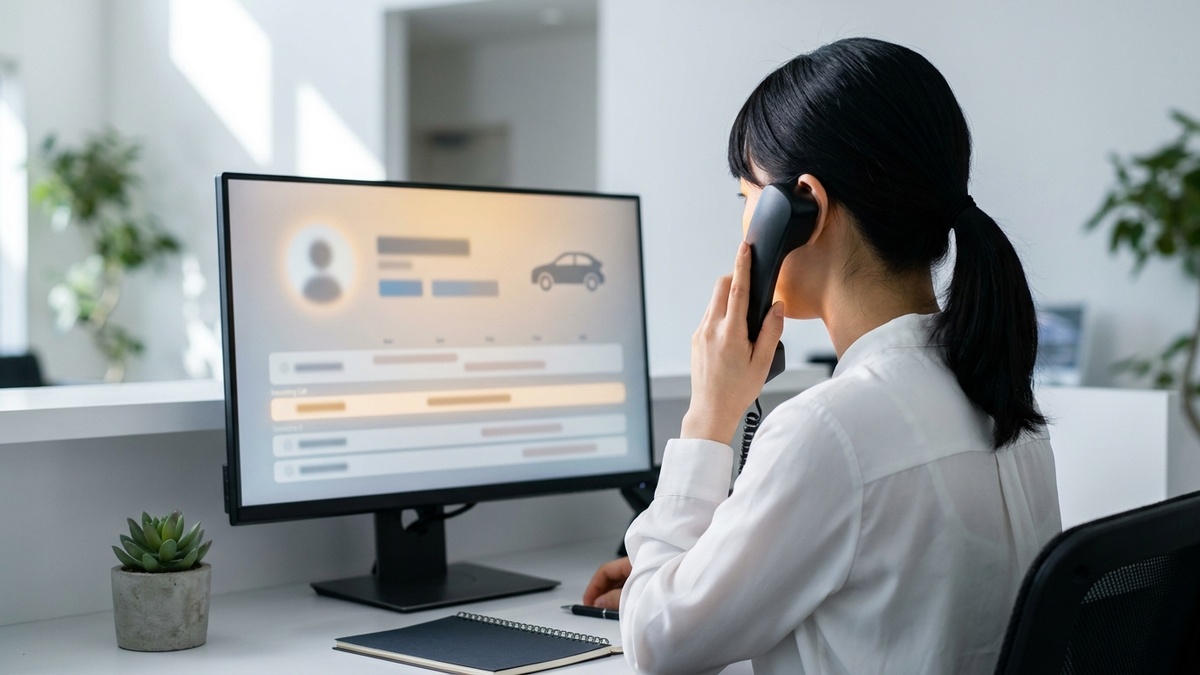 CTI 連動で着信時に顧客カルテが自動表示される Car-CRM の受付画面 - 日本人女性スタッフが応対する瞬間
