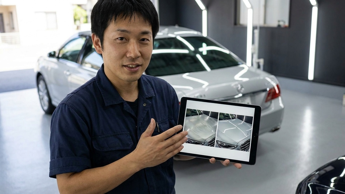 施工前後の写真を iPad で比較する日本人技師 - Car-CRM の Before/After 自動生成機能で顧客説明を高速化