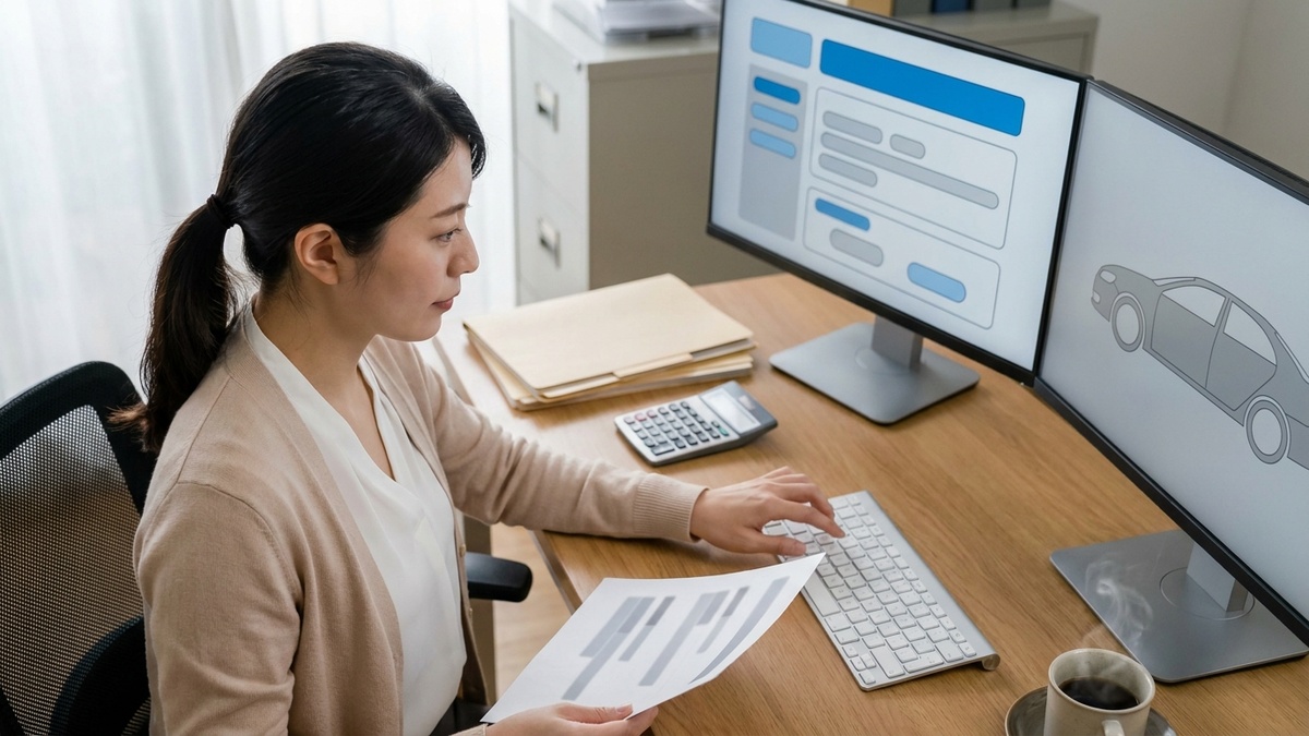 保険会社対応見積を Car-CRM で自動生成する日本人女性事務スタッフ - 板金業界の見積業務を 60% 短縮