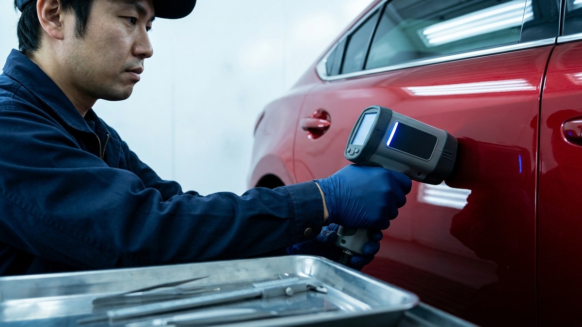 測色計で車体の L*a*b* 値を測定する日本人板金技師 - Car-CRM 測色データ自動連動で再施工率を削減
