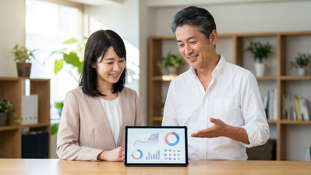 Car-CRM 導入後の業績向上を確認する日本人経営者と女性マネージャー - AI右腕 PRO プランで車関連業界の DX を実現