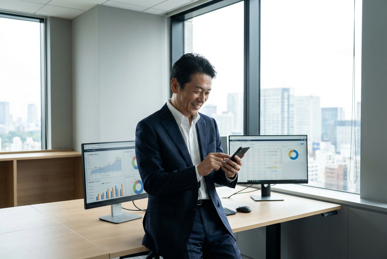 AI右腕を開発した渡邉代表がスマートフォンでAIモニタリングを行う様子