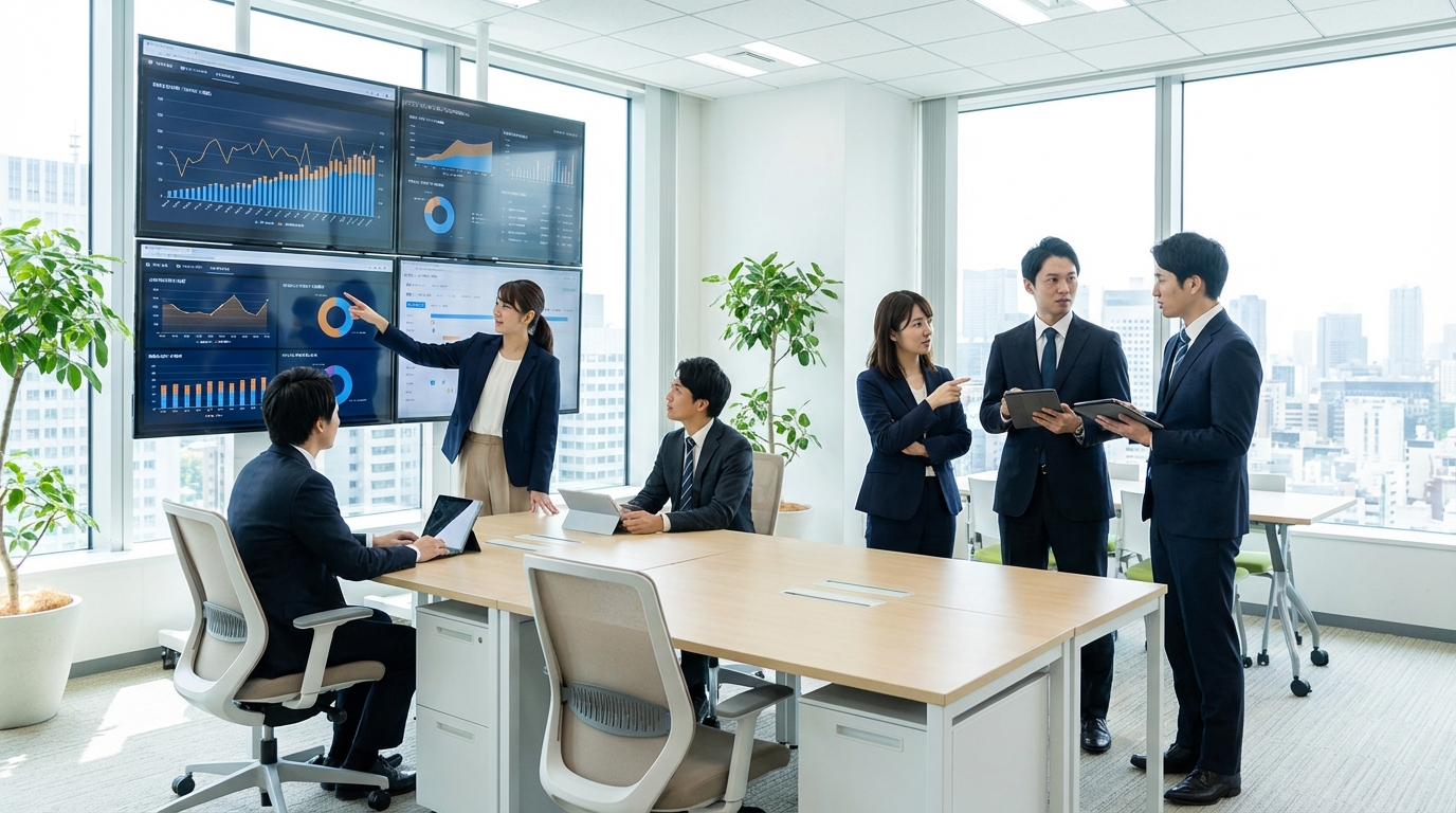 実務AI設計室のチームがAIデータ分析ダッシュボードを確認している様子