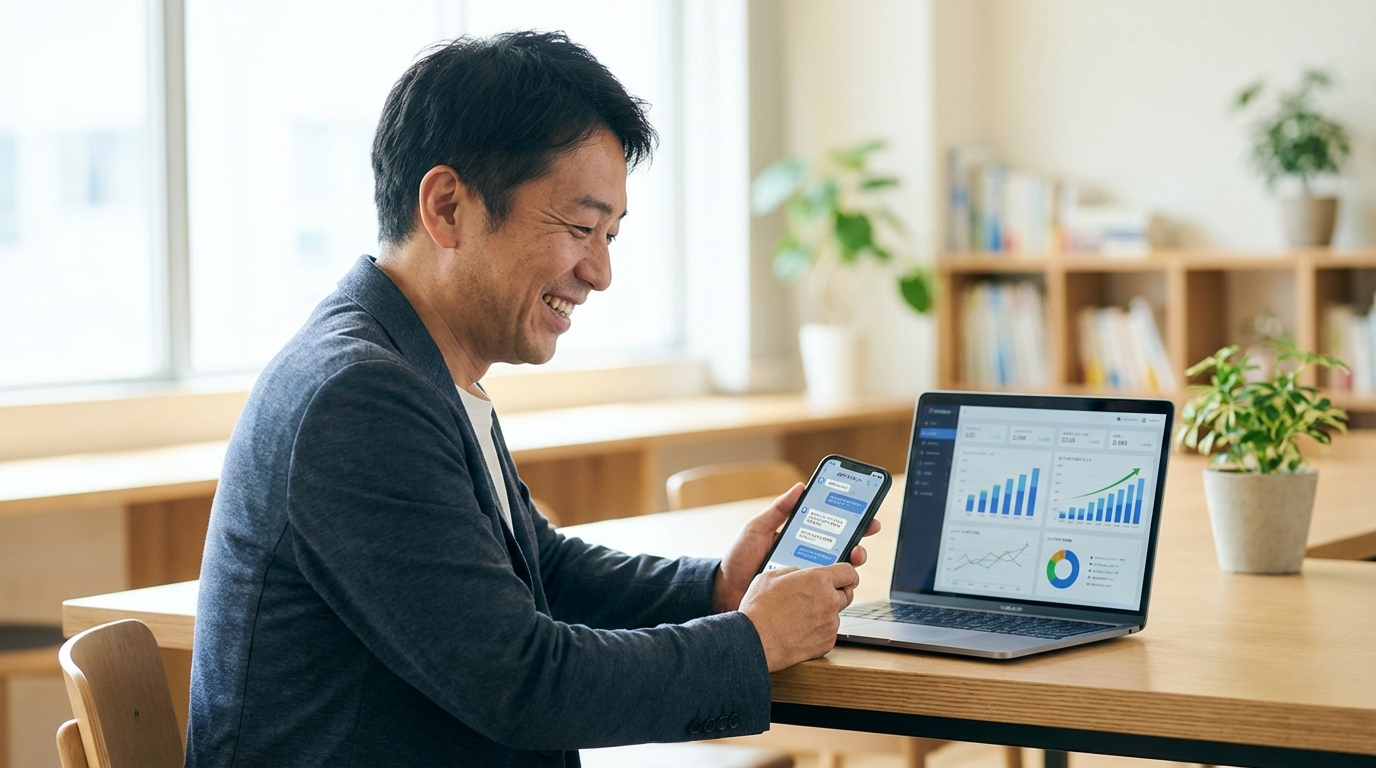 中小企業オーナーがLINE AI右腕を活用 - スマートフォンでAIアシスタントに相談するビジネスシーン