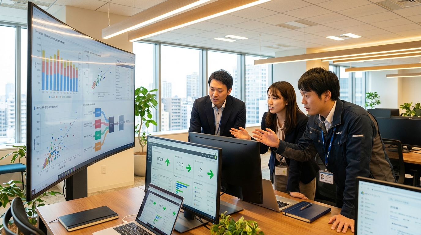 AI右腕を活用したチームのデータ分析 - 日本人ビジネスチームがAI分析結果を確認するオフィスシーン